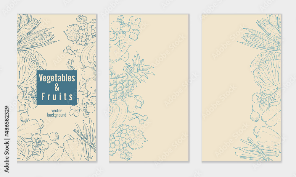 Vegetables and fruits in an engraving style set of templates. Vector background for the design of a booklet, flyer, banner of a vegetable store.