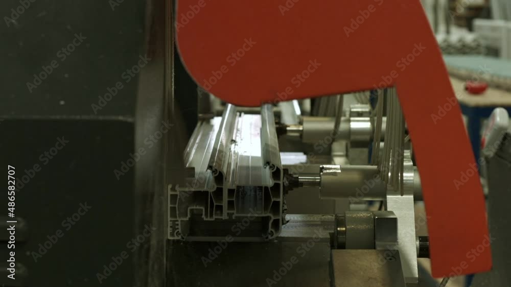 Cutting of PVC profile with circular saw, manufacture of plastic ...