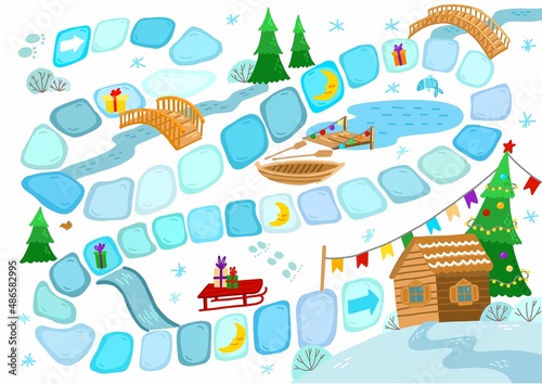 Children's Christmas board game with a winter landscape in a flat style.