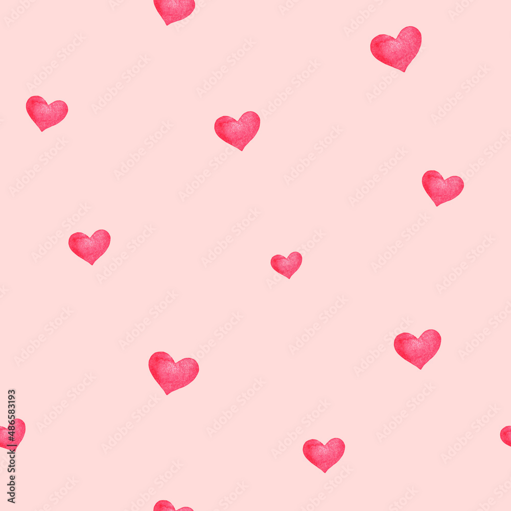Seamless pattern with abstract
watercolor hearts on red 
background