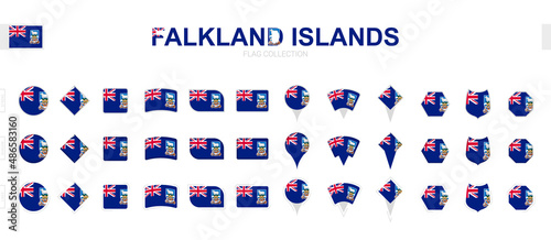 Large collection of Falkland Islands flags of various shapes and effects.