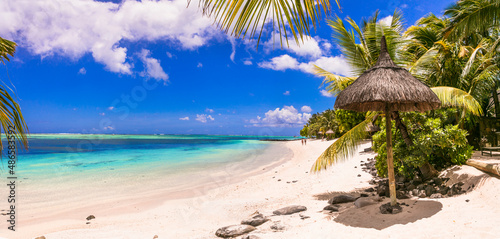 Fototapeta Naklejka Na Ścianę i Meble -  Idyllic tropical holidays. Dream beach with turquoise sea, palms and white sand. Mauritius island