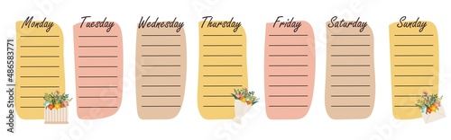 Vector design of a spring planner for recording cases with flower stickers. Planner of household chores, notes, important dates. Hello spring, bouquet, letter, flower in a box, delicate colors.