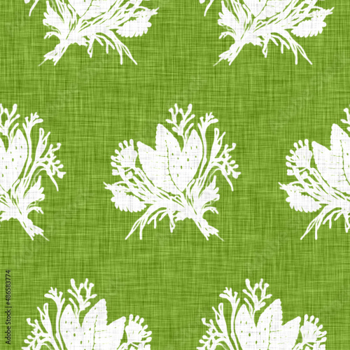 Hand drawn flower motif linen texture. Whimsical garden seamless pattern. Modern spring doodle floral nature textile for home decor. Botanical scandi style rustic green all over print.