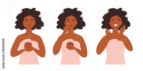 Pretty Girl putting cream on for facial treatment to get healthy skin. Beauty routine put in steps. Vector illustration isolated on white background. 