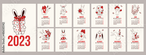 beautiful Calendar template for 2023 with cute rabbits. Vertical set of 12 pages and cover in English. Vector illustration. week on Monday. 2023 year of rabbit according to Chinese or Eastern calendar