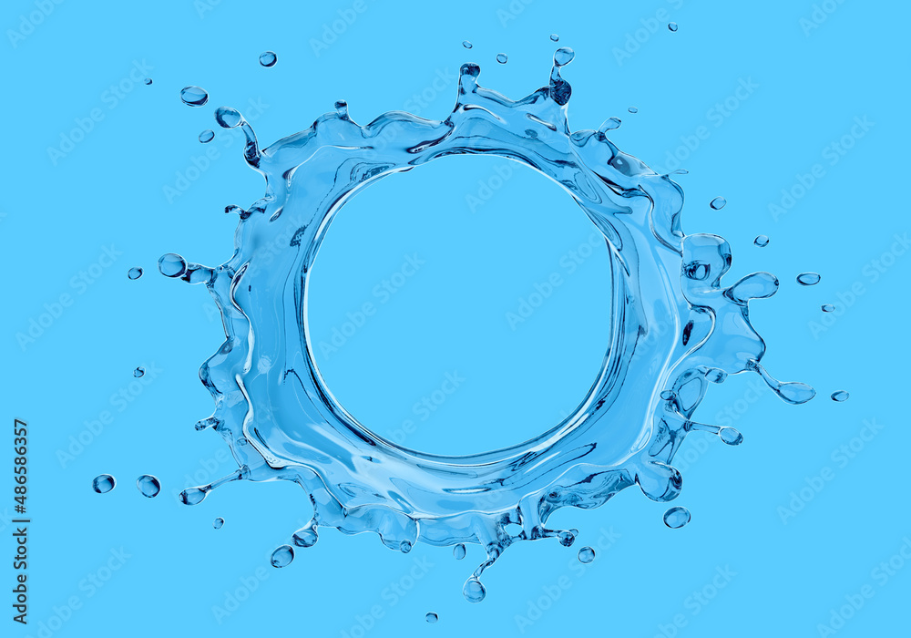 Round Blue splash of pure water with splashes and drops. Place for text inside of ring, isolated on blue background. 3d illustration. Round Blue splash of pure water with splashes and drops. Place for text inside of ring, isolated on blue background. 3d illustration.