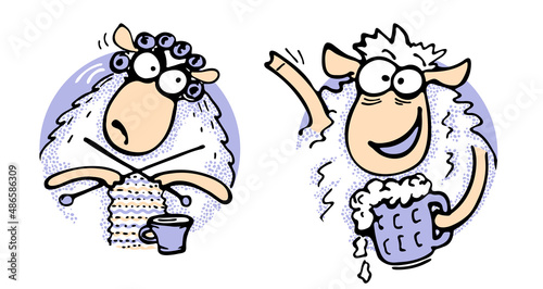 Seth strict mother sheep and cheerful drunk crazy lamb waving hand in greeting and holding mug of beer