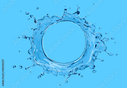 Round Blue splash of pure water with splashes and drops. Place for text inside of ring, isolated on blue background. 3d illustration.