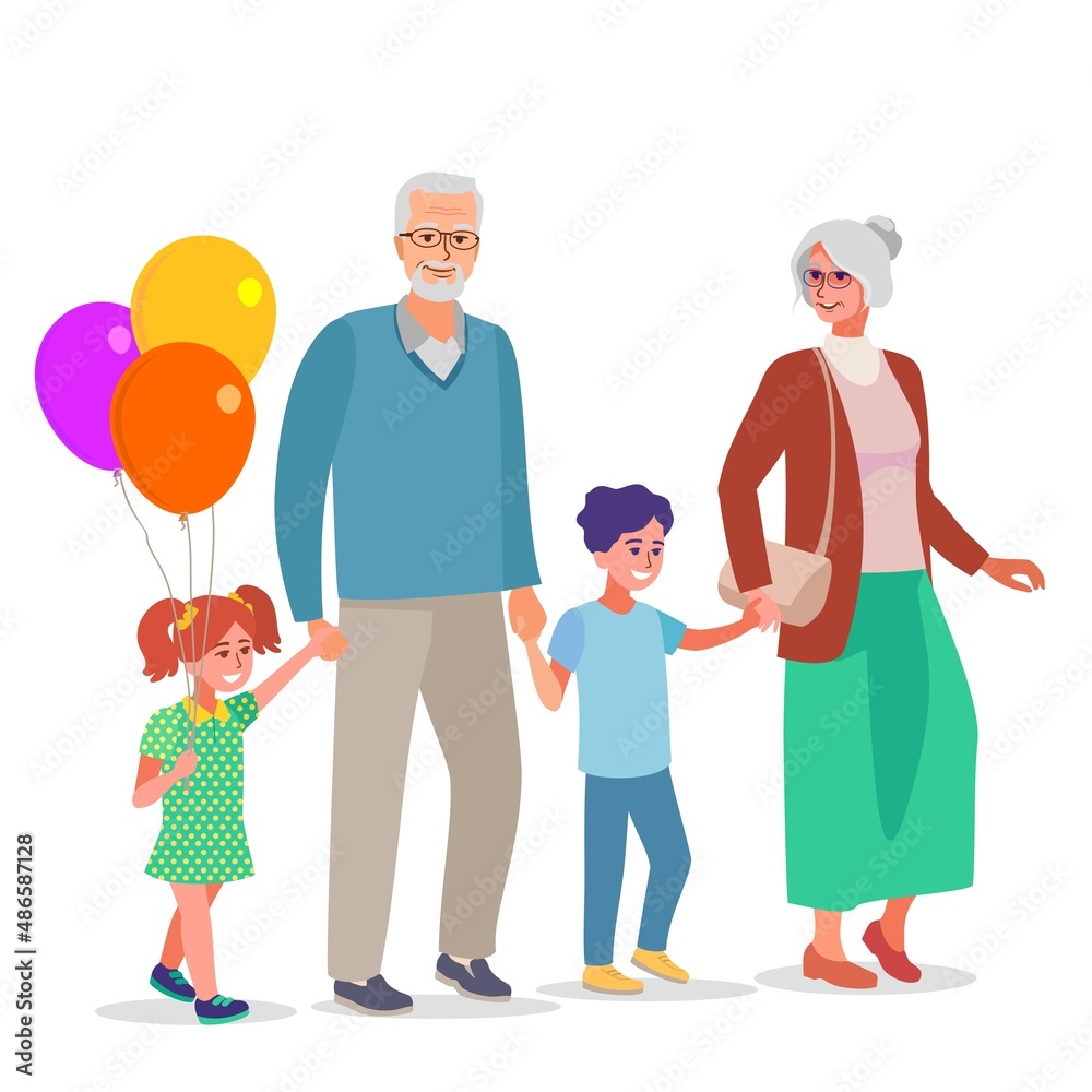 Happy big family, children and grandparents smiling and standing together. Vector flat illustration.