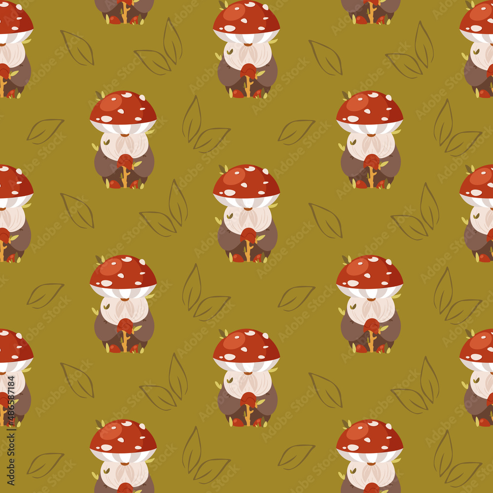 Seamless pattern with gnomes, amanita and leaves on green background