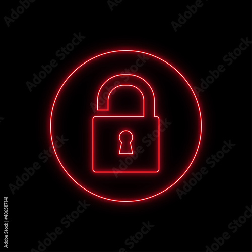 Neon padlock. Glowing unlock circle icon isolated on black.