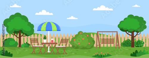 Fototapeta Naklejka Na Ścianę i Meble -  Horizontal banner with house backyard, trees, bushes, lawn, flowers. Relax zone with table, chairs, swing. Vector illustration in flat style.