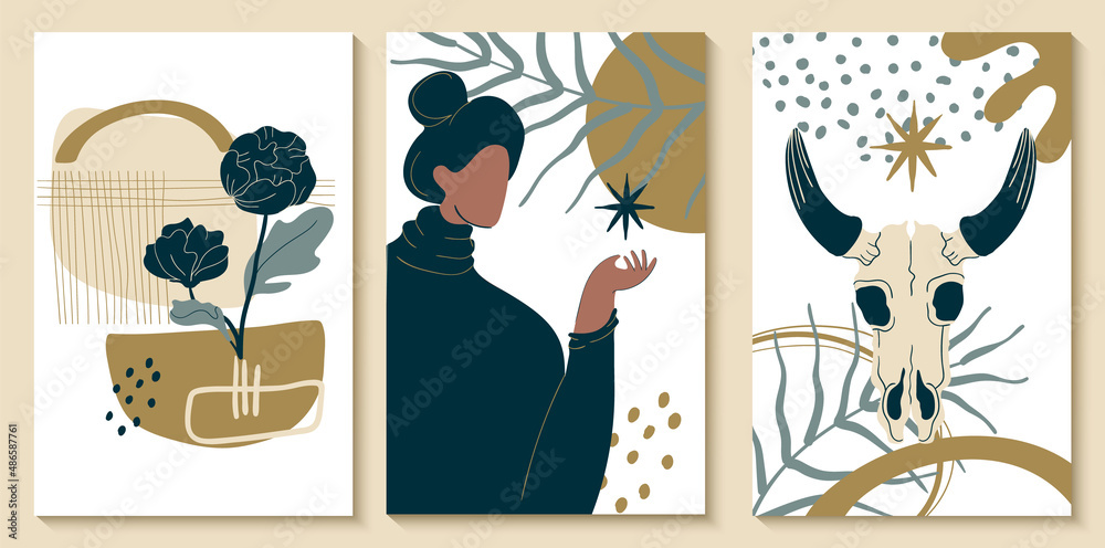 Posters print in boho style, interior design, social media design. Women with plants and abstraction