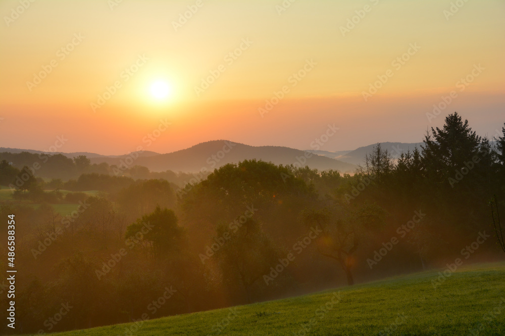 Morning fog at sun rises over a landscape