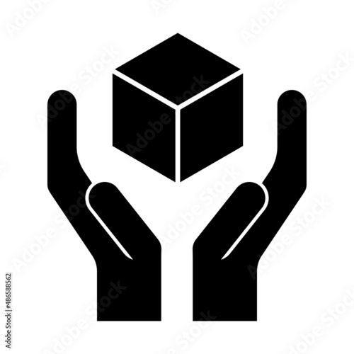 Handle with care symbol. Two hands holding cardboard box shipping label icon. Vector illustration isolated on white background.