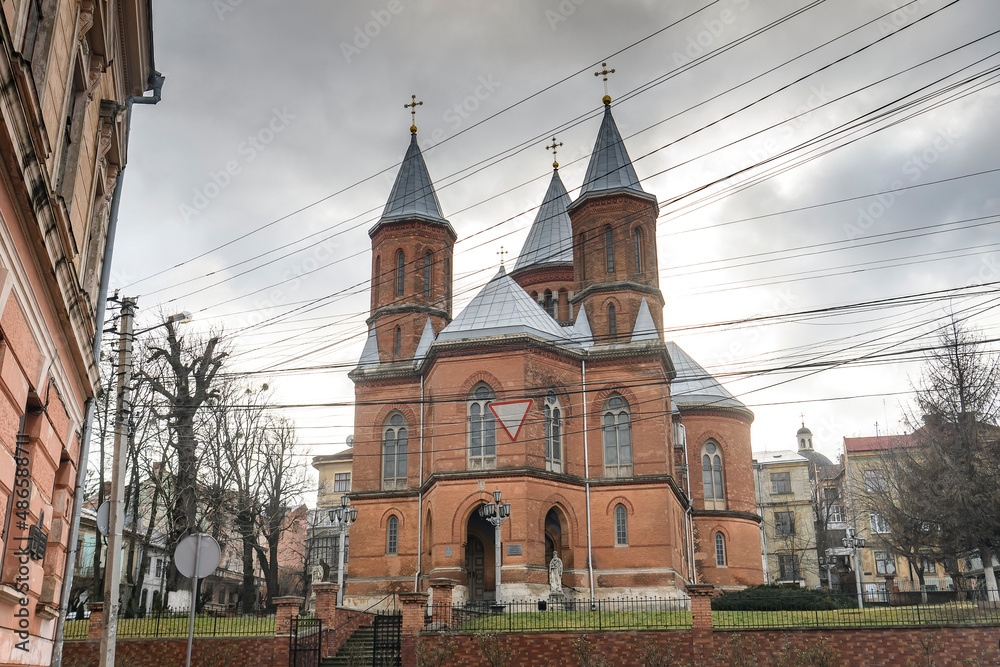 Historical Armenian Church of the Holy Apostles Peter and Paul in Chernivtsi, Ukraine. December 2021