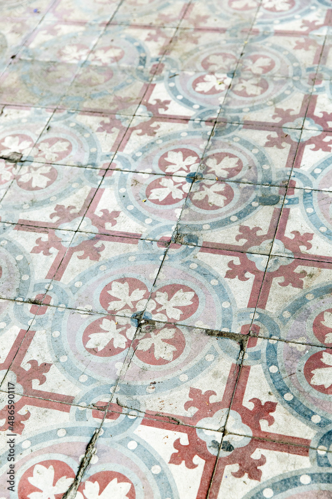 A detail of a vintage blue and white and rust colored tile floor.