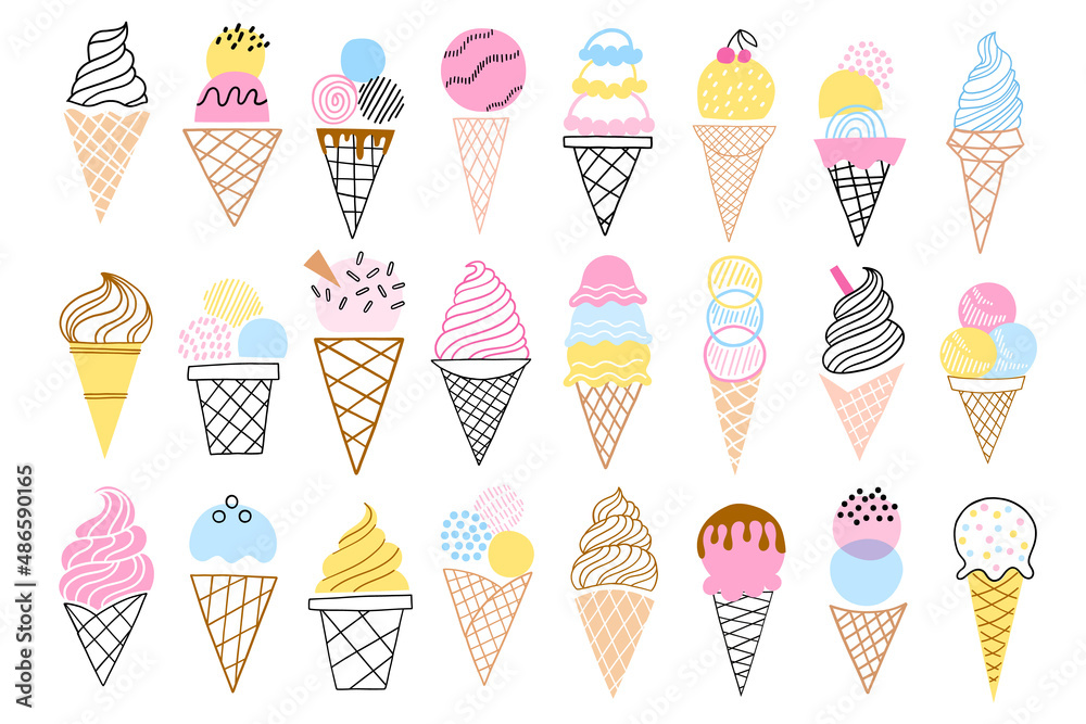 Ice cream vector sketch set. Hand drawn ice cream cone doodle
