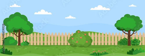 Banner with garden landscape. Trees, bushes, grass, flowers, lawn. Vector illustration in flat style.