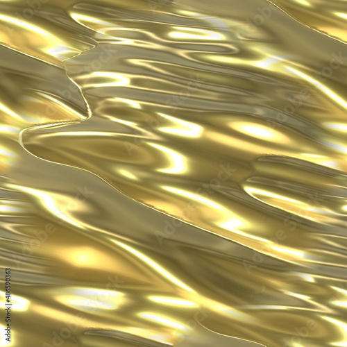 A stream of liquid gold. Seamless background with a flowing golden river. 3D image with golden texture with waves.
