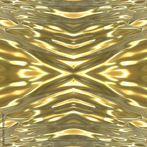 A stream of liquid gold. Seamless mirror background with flowing golden river. 3D image with golden texture with waves. 