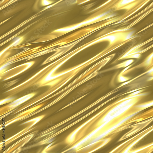 A stream of liquid gold. Yellow seamless background with a golden flowing river. 3D image with golden texture with diagonal waves. 