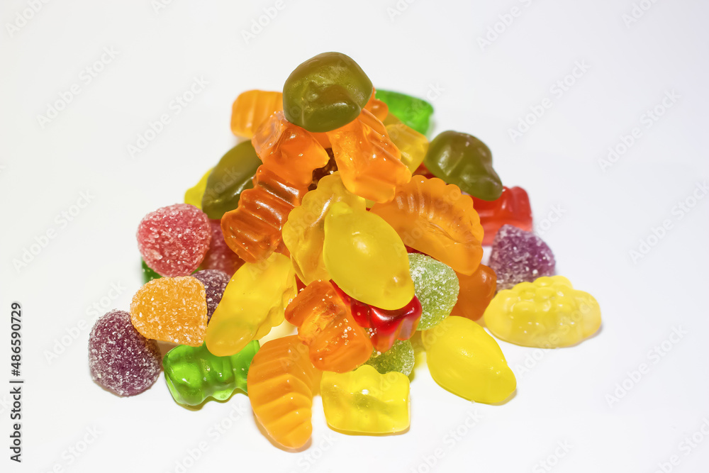gummy candies, colorful jelly sugar fruits isolated on white