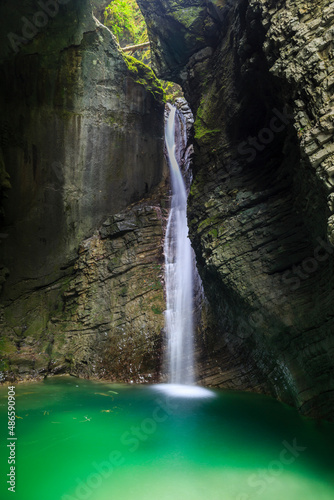 Kozjak-Waterfall  water splashing in a emerald green pond  Kobarid  Slovenia