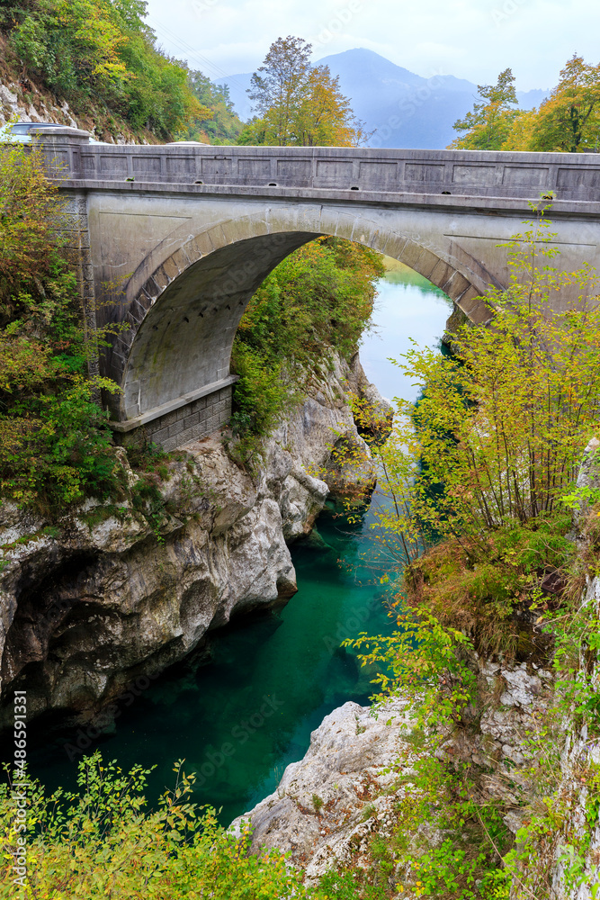 Napoleon Bridge near Kobarid, the smooth running Soča River underneath, Slovenia