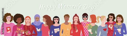 Happy women's day, girls of different nationalities , in colorful dresses, celebrate the day of 8 March with flowers hearts and messages