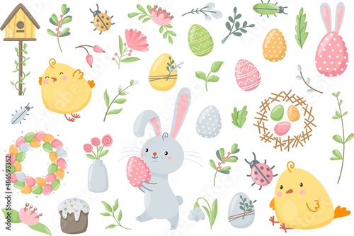 Cute vector easter set. Multicolored eggs, plants, rabbit and chickens, insects, spring elements for design on a white background