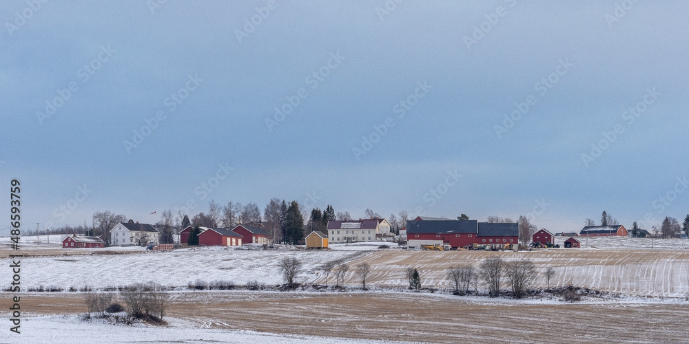 Farms and fields of Toten, Norway, in winter.