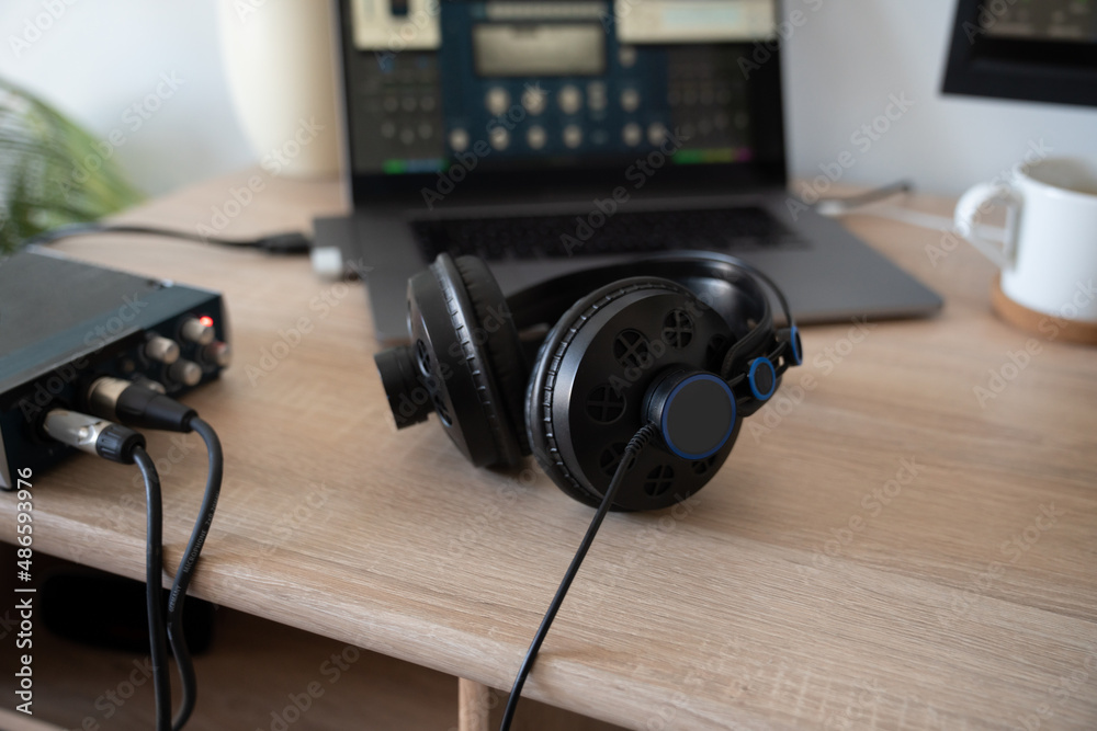 Headphones On Tabletop At Musician Studio Headphones On Tabletop At Musician Studio