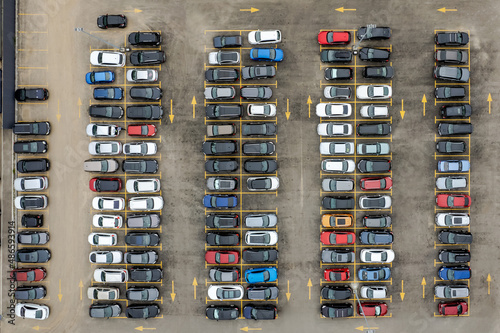 View from drone on parking with many cars
