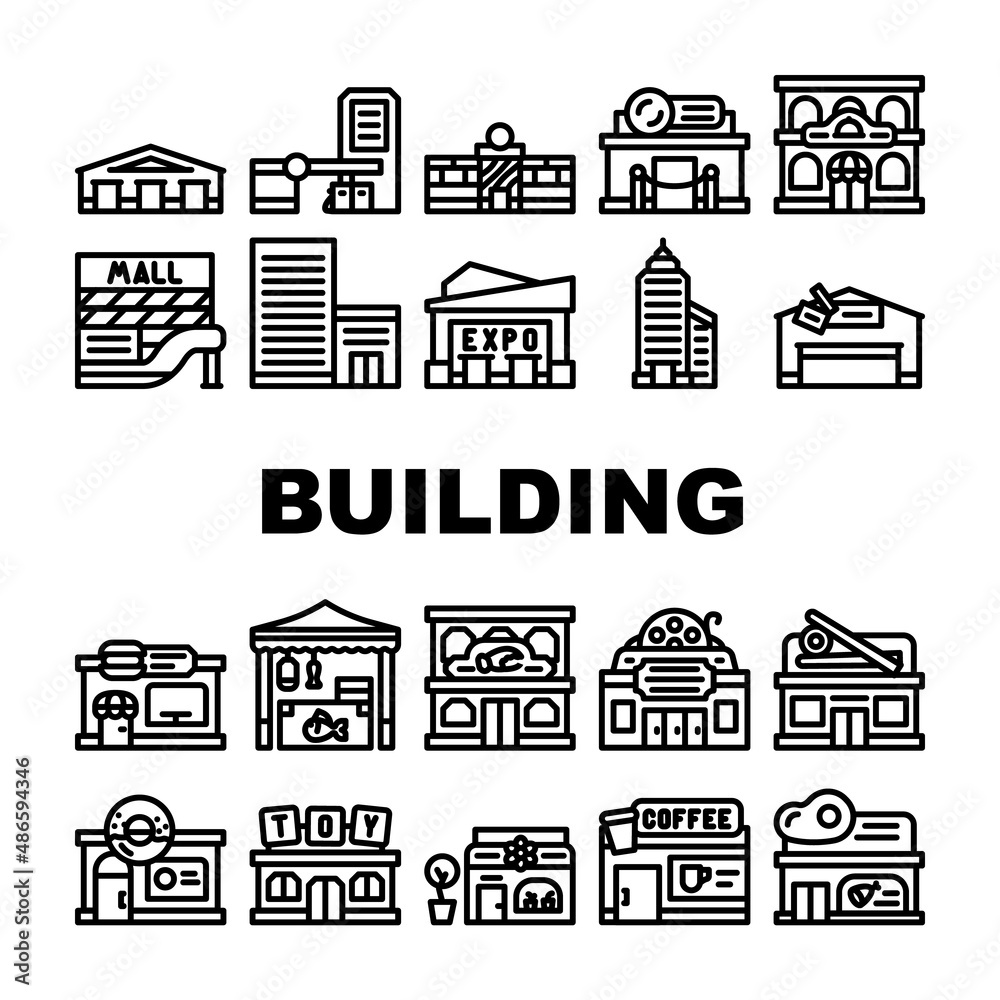 Fototapeta premium Building Construction Exterior Icons Set Vector. Shopping And Commercial Center Skyscraper, Seafood Sushi Restaurant, Cinema Night Club Building Line. Coffee Shop And Cafe Black Contour Illustrations