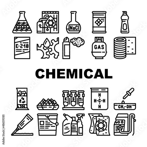 Chemical Industry Production Icons Set Vector. Specialty Chemical Liquid In Barrel And Industrial Oil, Rubber Roll And Organic Solvent, Gas Cylinder And Laboratory Glass Black Contour Illustrations