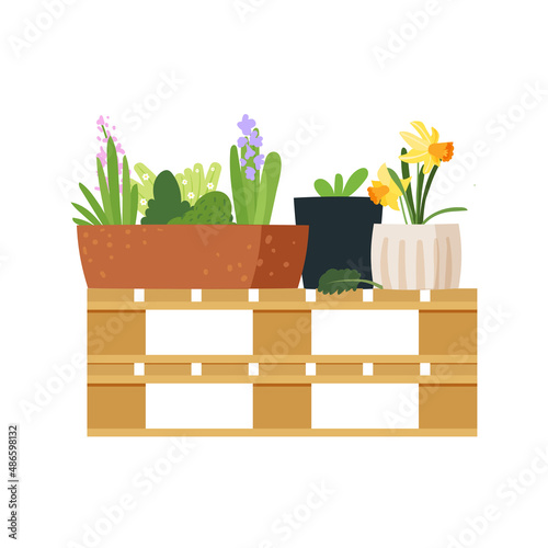 Spring garden flowerpots with fresh herbs, hyacinth and daffodils on wooden pallets. Isolated on white background. Empty boxes wood for crate storage. Flat style illustration