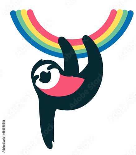 a minimalist illustration of a black sloth hanging from a rainbow