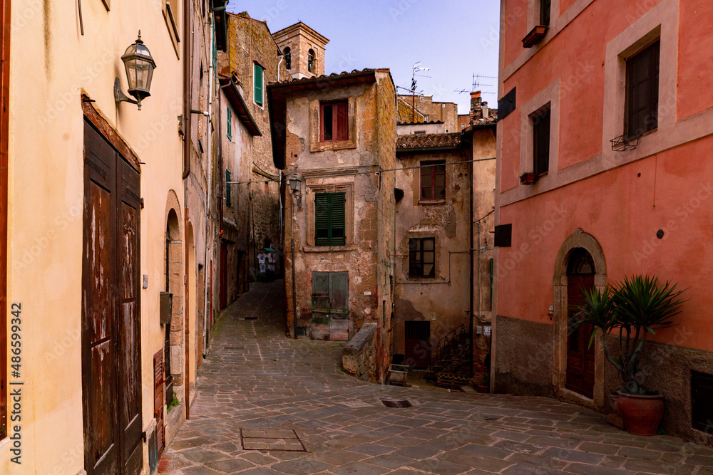 Historic road in city center of medieval town Sorano Tuscany