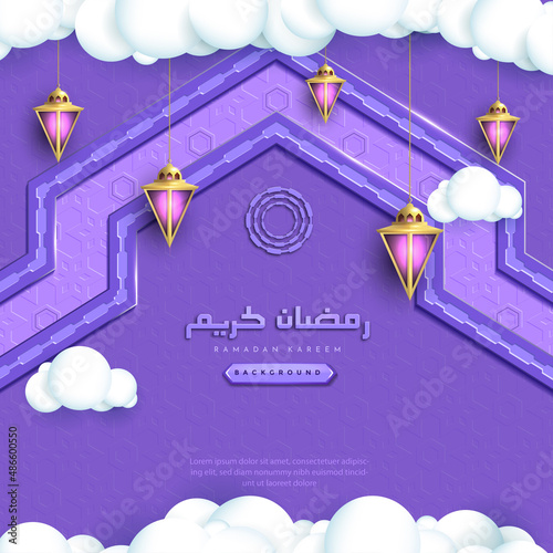 Ramadan kareem islamic greeting background with lantern, cloud and arabic pattern