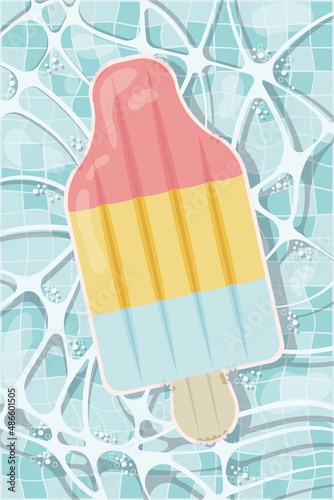 Inflatable mattress in the shape of an ice cream in the pool, pool party, beach vacation, hotel vacation with inflatable toys. Vector illustration