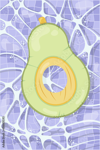 Inflatable mattress in the shape of an avocado in the pool, pool party, beach vacation, hotel vacation with inflatable toys. Vector illustration