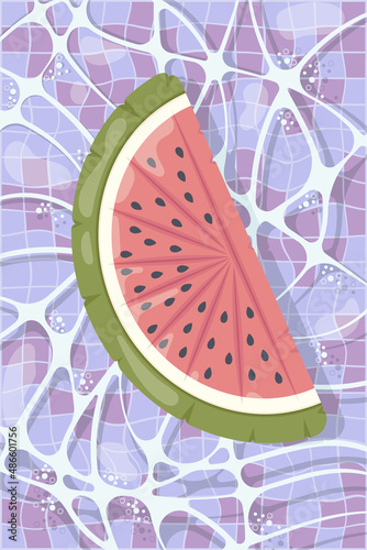 Inflatable mattress in the shape of a watermelon in the pool, pool party, beach vacation, hotel vacation with inflatable toys. Vector illustration