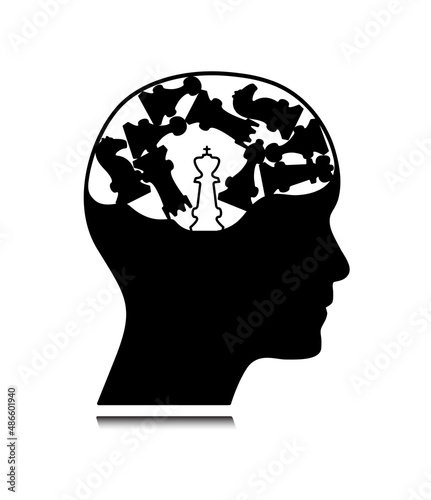 Human head, brain and chess pieces vector icon concept. Business concept vector illustration to use in competition, business analysis, brainstorm, strategy, mental health projects. 