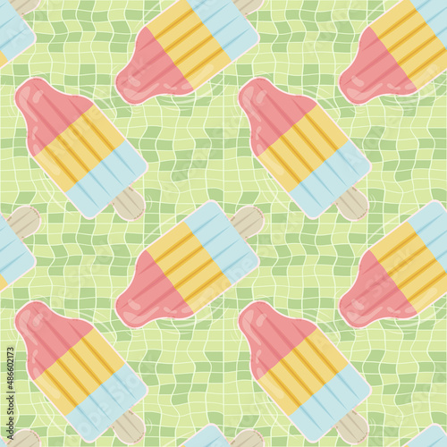 Seamless pattern with ice cream shaped inflatable mattresses for pool party, fabric background and banner. Vector illustration