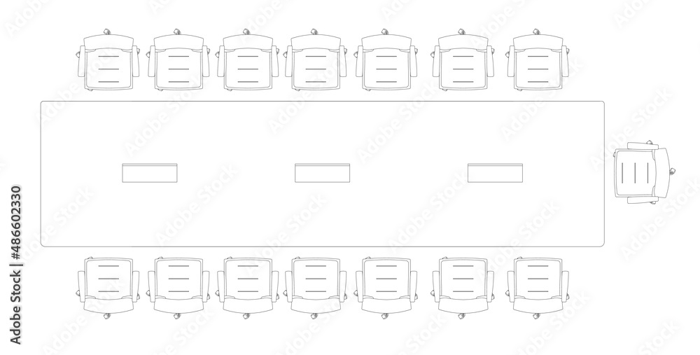 Graphic drawing of a meeting table with chairs from above. Black and white 2D drawing using CAD. Graphic drawing of a meeting table with chairs from above. Black and white 2D drawing using CAD.