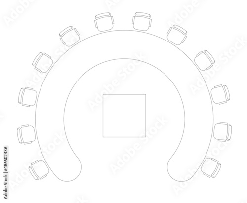 Graphic drawing of a meeting table with chairs from above. Black and white 2D drawing using CAD.