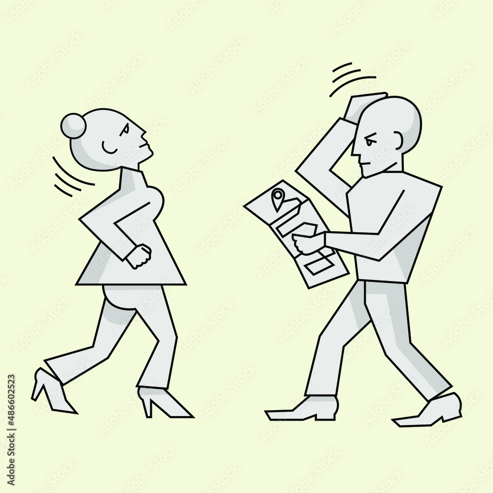 Minimalistic figures of a man and a woman. A puzzled man with a map. Vector illustration