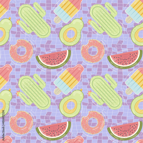 Seamless pattern with inflatable mattresses in various shapes for pool party, fabric background and banner. Vector illustration